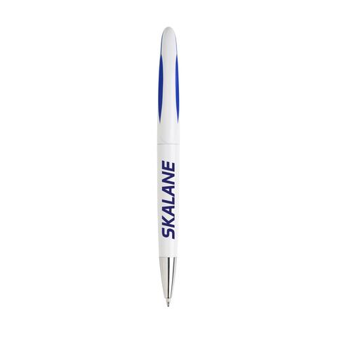 Hvid/mørkeblå kuglepen med designet clip, dreje-klik-system og metal-spids, med blå blæk og trykt logo.