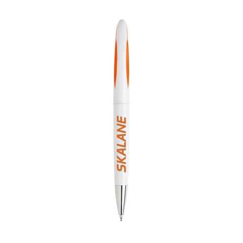 Hvid/orange kuglepen med designet clip, dreje-klik-system og metal-spids, med blå blæk og trykt logo.