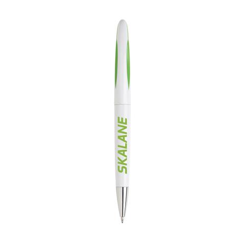 Hvid/grøn kuglepen med designet clip, dreje-klik-system og metal-spids, med blå blæk og trykt logo.