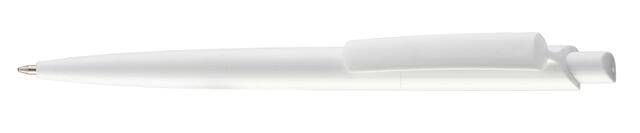 Hvid plastkuglepen, med patenteret system, med trykmekanisme, god kraftig kvalitet og med trykt logo.