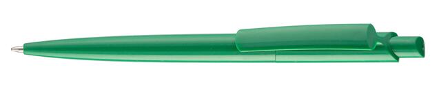 Grøn plastkuglepen, med patenteret system, med trykmekanisme, god kraftig kvalitet og med trykt logo.
