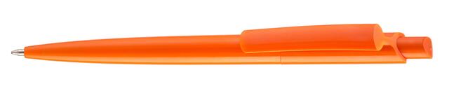 Orange plastkuglepen, med patenteret system, med trykmekanisme, god kraftig kvalitet og med trykt logo.