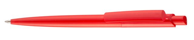 Rød plastkuglepen, med patenteret system, med trykmekanisme, god kraftig kvalitet og med trykt logo.