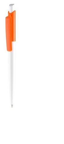 Hvid/orange plastkuglepen, med patenteret system, med trykmekanisme, god kraftig kvalitet og med trykt logo.