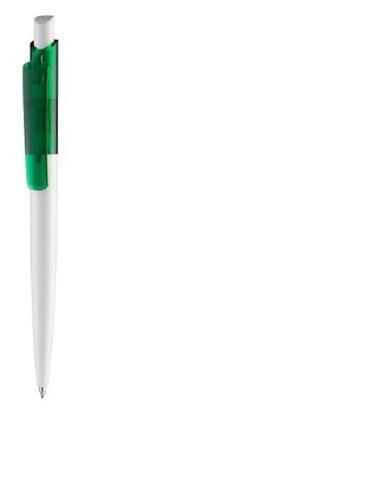 Hvid/grøn plastkuglepen, med patenteret system, med trykmekanisme, god kraftig kvalitet og med trykt logo og farvet transparent top.