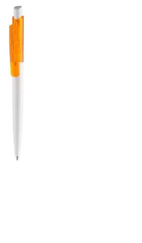 Hvid/orange plastkuglepen, med patenteret system, med trykmekanisme, god kraftig kvalitet og med trykt logo og farvet transparent top.