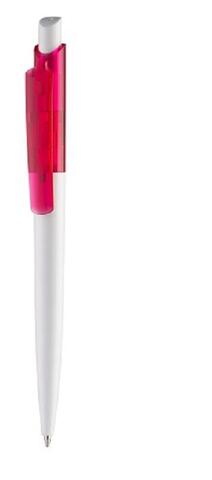Hvid/pink plastkuglepen, med patenteret system, med trykmekanisme, god kraftig kvalitet og med trykt logo og farvet transparent top.