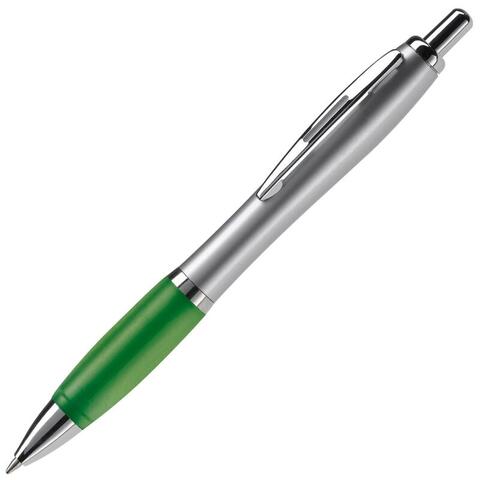 Sølv/grøn kuglepen i klassisk metal-design, trykmekanisme og metal-spids, med blå blæk og trykt logo.
