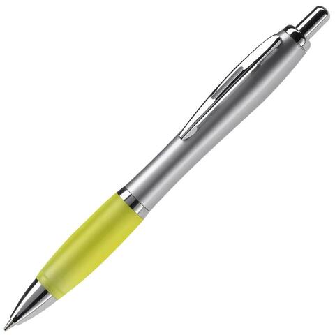 Sølv/gul kuglepen i klassisk metal-design, trykmekanisme og metal-spids, med blå blæk og trykt logo.