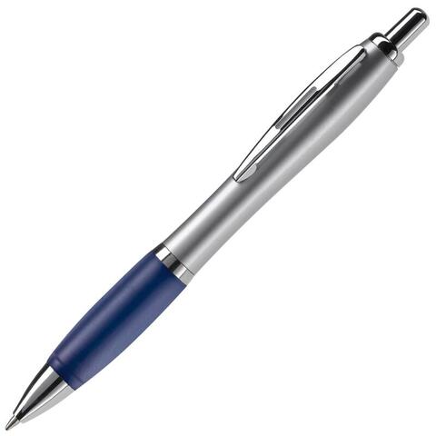 Sølv/blå kuglepen i klassisk metal-design, trykmekanisme og metal-spids, med blå blæk og trykt logo.