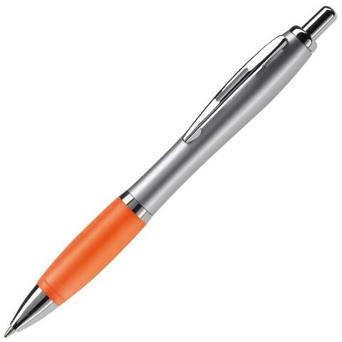 Sølv/orange kuglepen i klassisk metal-design, trykmekanisme og metal-spids, med blå blæk og trykt logo.