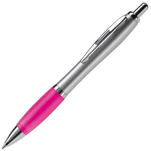 Sølv/pink kuglepen i klassisk metal-design, trykmekanisme og metal-spids, med blå blæk og trykt logo.