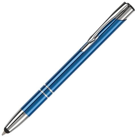 Blå kuglepen i alumiminium med et eksklusivt udtryk, med blåt blæk og lasergravet logo. Denne pen har touch som kan bruges til enheder med touch.