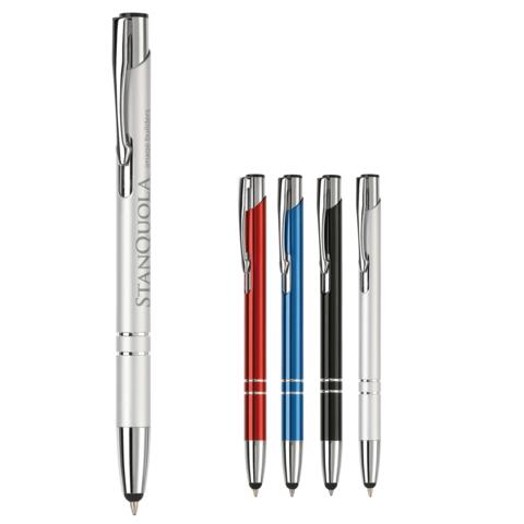 kuglepen i alumiminium med et eksklusivt udtryk, med blåt blæk og lasergravet logo. Denne pen har touch som kan bruges til enheder med touch.