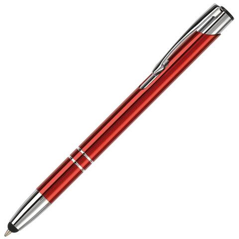 Rød kuglepen i alumiminium med et eksklusivt udtryk, med blåt blæk og lasergravet logo. Denne pen har touch som kan bruges til enheder med touch.