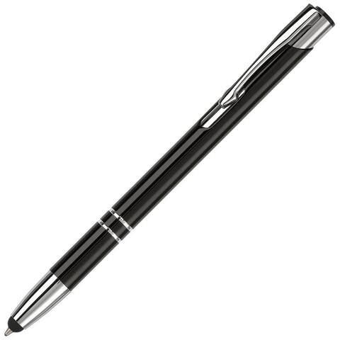 Sort kuglepen i alumiminium med et eksklusivt udtryk, med blåt blæk og lasergravet logo. Denne pen har touch som kan bruges til enheder med touch.