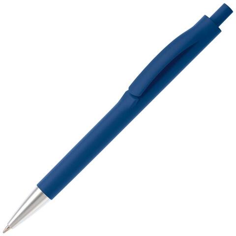 Mørkeblå kuglepen i slank design med trykmekanisme, metalspids, blåt blæk og trykt logo.