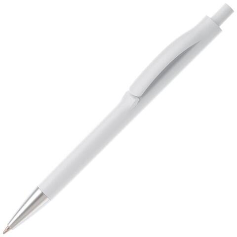 Hvid kuglepen i slank design med trykmekanisme, metalspids, blåt blæk og trykt logo.