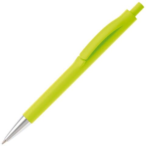 Lysegrøn kuglepen i slank design med trykmekanisme, metalspids, blåt blæk og trykt logo.