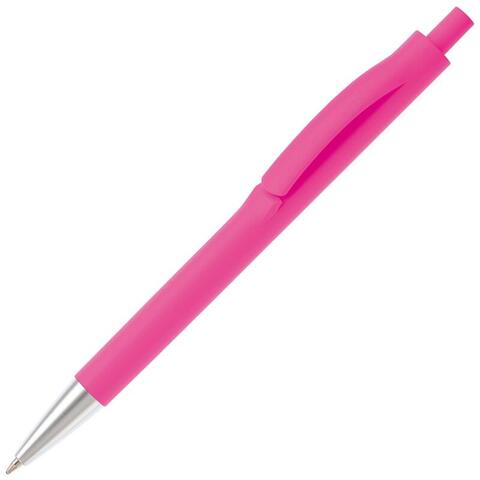 Pink kuglepen i slank design med trykmekanisme, metalspids, blåt blæk og trykt logo.