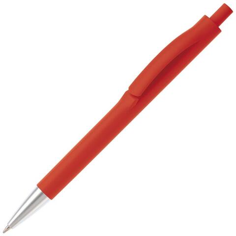 Rød kuglepen i slank design med trykmekanisme, metalspids, blåt blæk og trykt logo.