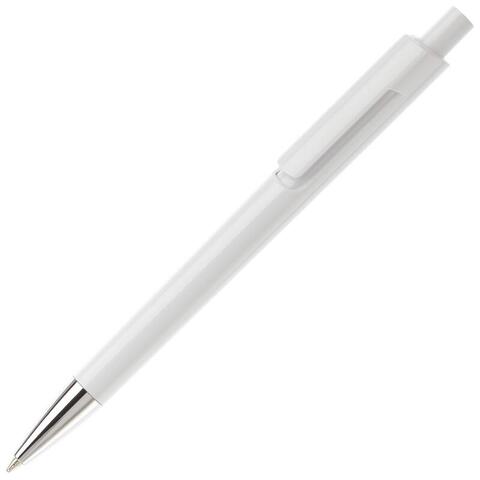 Hvid/hvid kuglepen med trykmekanisme og metalspids, blåt blæk og trykt logo.