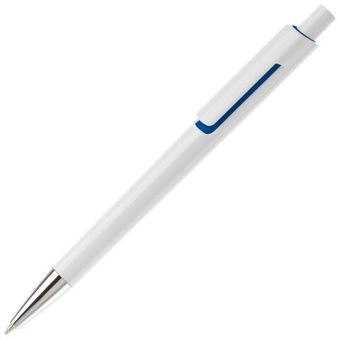 Hvid/mørkeblå kuglepen med trykmekanisme og metalspids, blåt blæk og trykt logo.