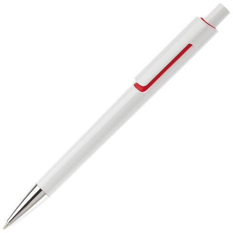 Hvid/rød kuglepen med trykmekanisme og metalspids, blåt blæk og trykt logo.