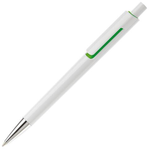 Hvid/grøn kuglepen med trykmekanisme og metalspids, blåt blæk og trykt logo.