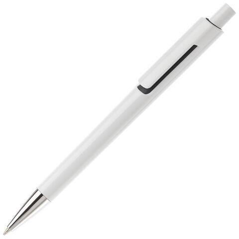 Hvid/sort kuglepen med trykmekanisme og metalspids, blåt blæk og trykt logo.