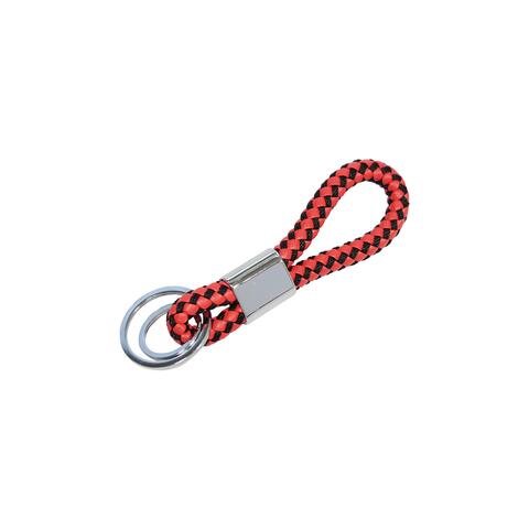Kort keyhanger-strop i kunstlæder (PU-læder). Med 2 flade O-ringe: Ø 25 og 35 mm. Mål: Ø 9 mm. Længde: 10,5 cm. Farver: rød/sort.