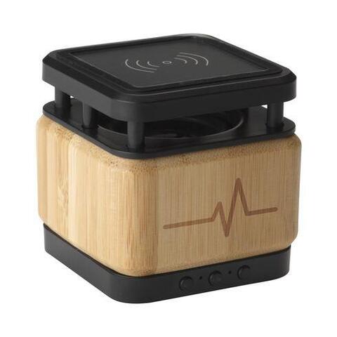 Bluetooth højtaler og trådløs oplader i ét med ØKO kabinet i smukt naturbambus og ABS. Med trykt logo.