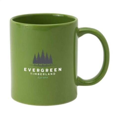 Krus af keramik i høj kvalitet og med trykt logo. Helt hvid eller med farvet yderside. Kapacitet 350 ml