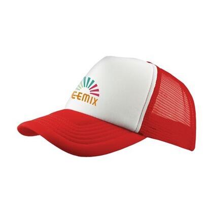 Rød trucker hat/cap i åndbart materiale med tryk