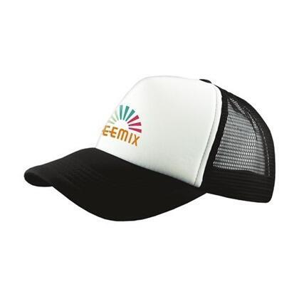 Sort og hvid trucker hat/cap i åndbart materiale med 2 farvet tryk