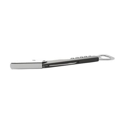 Foldbar proptrækker i metal med ABS-greb, trykt logo og 4 funktioner: proptrækker, 2 oplukkere og kniv. Pakket stykvis i æske. Længde: 13,50 cm,  højde: 1.3 cm, Bredde: 4 cm