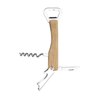 Foldbar tjenerkniv i metal med bambusgreb og trykt logo med 2 farver, og 4 funktioner: proptrækker, 2 flaskeåbnere og kniv. Hvert stykke i en kasse lavet af genanvendt pap. Længde: 13,60 cm,  højde: 1.5 cm, Bredde: 3 cm
