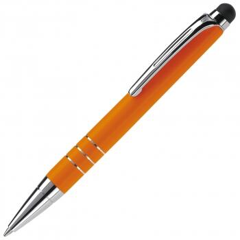 Lille orange metalpen med drejemekanisme, der leveres i 8 forskellige metalfarver og med lasergraveret logo.