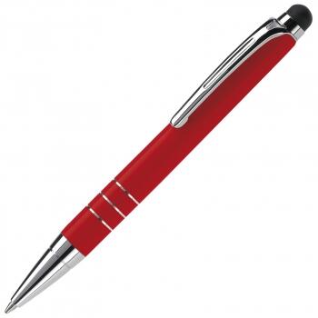 Lille rød metalpen med drejemekanisme, der leveres i 8 forskellige metalfarver og med lasergraveret logo.