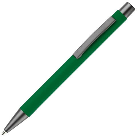 Grøn kuglepen i aluminium med elegant soft touch, solid metal clips og med fuldfarvet logo.