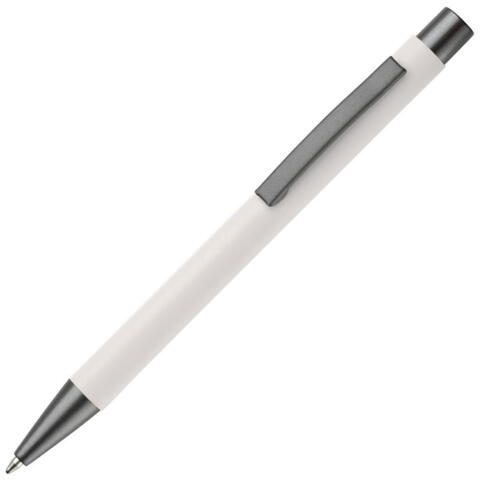 hvid kuglepen i aluminium med elegant soft touch, solid metal clips og med fuldfarvet logo.