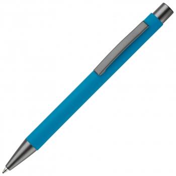 Lyseblå kuglepen i aluminium med elegant soft touch, solid metal clips og med fuldfarvet logo.
