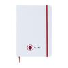 Praktisk notesbog i A5-format med ca. 80 siders cremefarvet og linjeret papir, hardcover, elastiklukning, trykt logo og silkebånd. Notesbogens cover er hvid men elastikken fås i et hav af farver her rød.