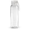 Gennemsigtig drikkeflaske med hvid hætte. Denne nyttige vandflaske er udstyret med en silikone rem, så den er nem at bære eller kan fastgøres til en taske. Kan også få trykt sit logo.