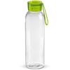 Gennemsigtig drikkeflaske med lysegrøn hætte. Denne nyttige vandflaske er udstyret med en silikone rem, så den er nem at bære eller kan fastgøres til en taske. Kan også få trykt sit logo.