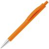 Orange kuglepen i slank design med trykmekanisme, metalspids, blåt blæk og trykt logo.