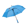 Paraply med automatisk teleskopåbning, 190 T nylonskærm, stel i glasfiber, metalskaft, trykt logo, håndtag i blødt skum og velcrolukning.