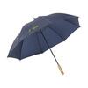 Stormsikker paraply med 190 T nylonskærm med en diameter på 127 cm, metalstel, håndtag i træ og velcrolukning.