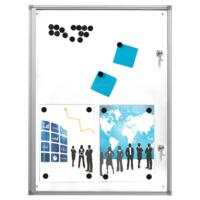 Infoboks med magnetisk whiteboard, 9 x A4, 35 mm dyb, aluminiumsramme, lås foran, indendørs